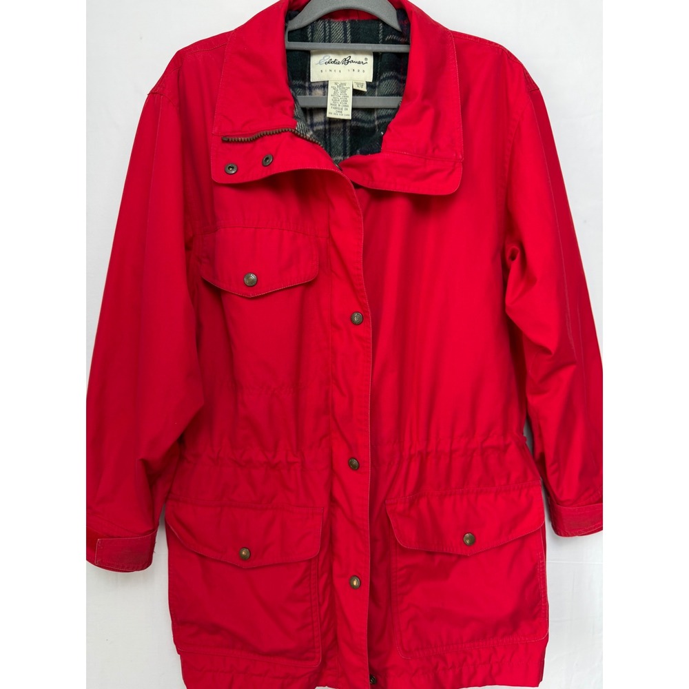 Eddie Bauer Women Jacket Medium Red Utility Plaid Lined Cinched Waist Parka 4752